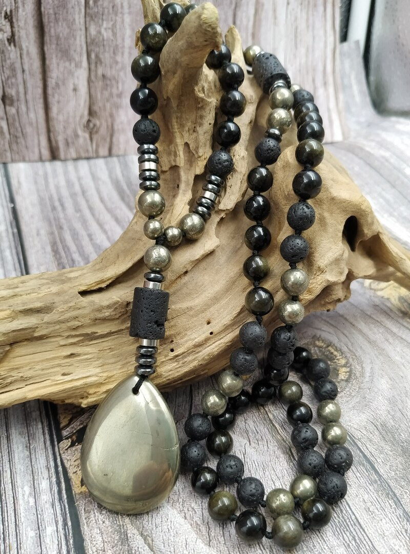 Natural Hematite, Golden Obisdian, Lava Stones & Pyrite Necklace