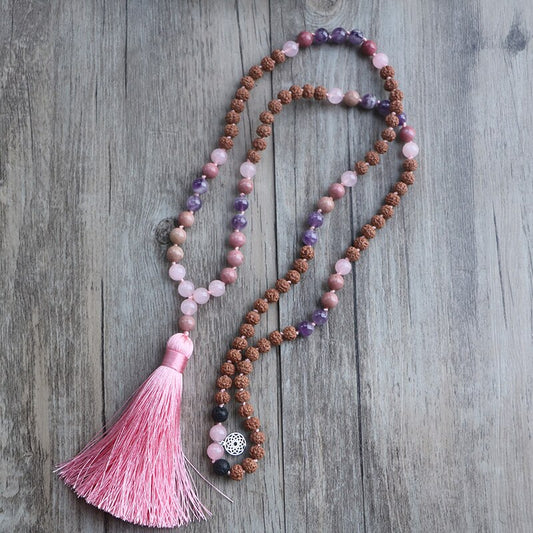 Natural Rhodonite, Rose Quartz, Amethyst & Rudraksha 108 Mala Beads Necklace