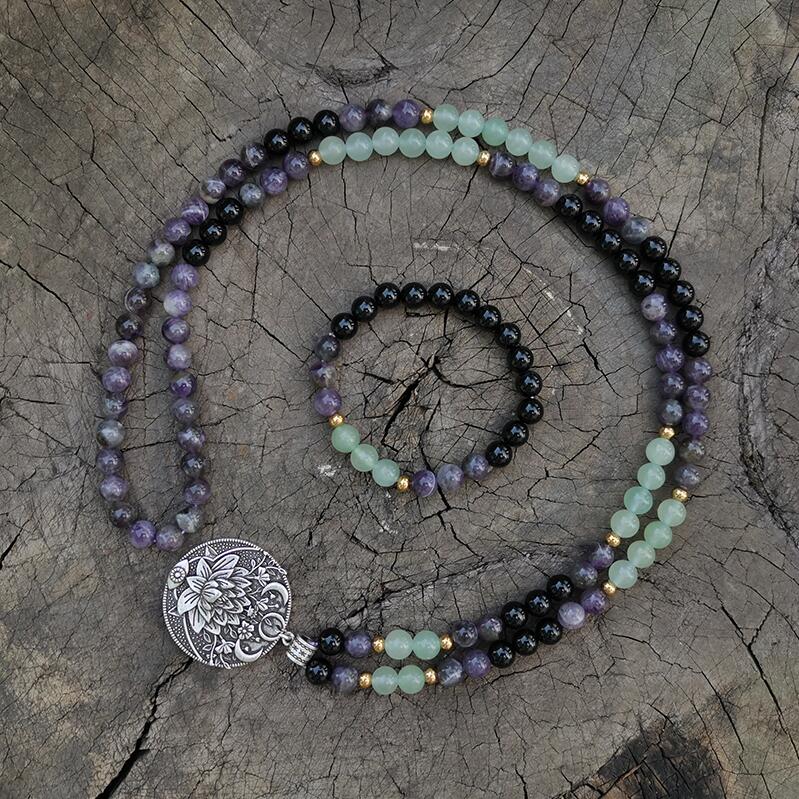 Natural Amethyst, Aventurine & Black Onyx 108 Beads Mala Necklace / Bracelet