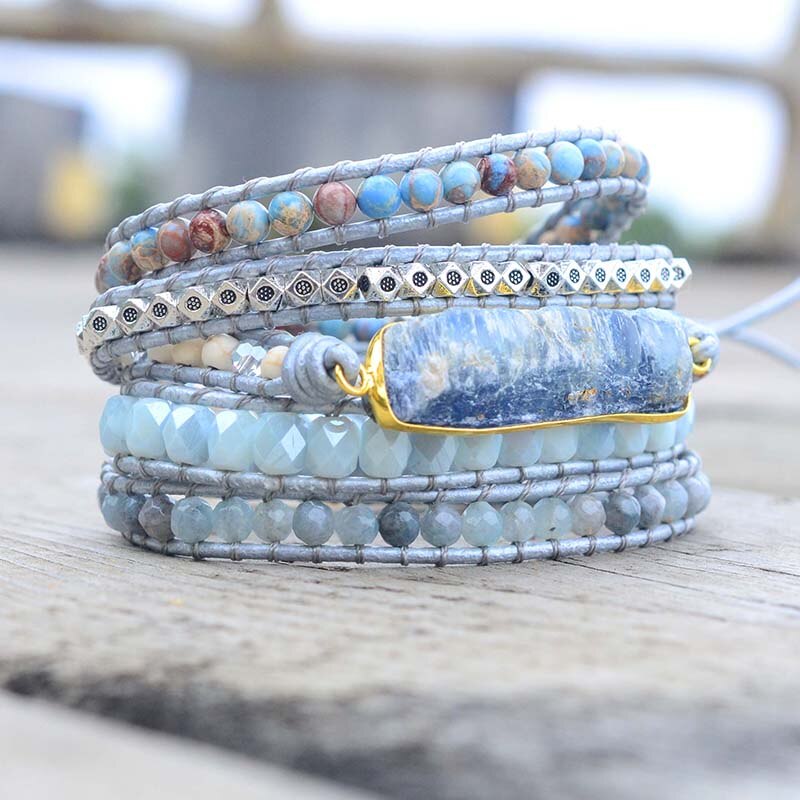 Raw Blue Topaz, Howlite & Light Blue Jasper Leather Wrap Bracelet