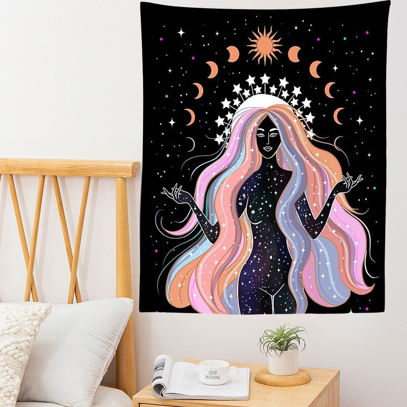 Moon Phases Tapestry Rainbow Girl