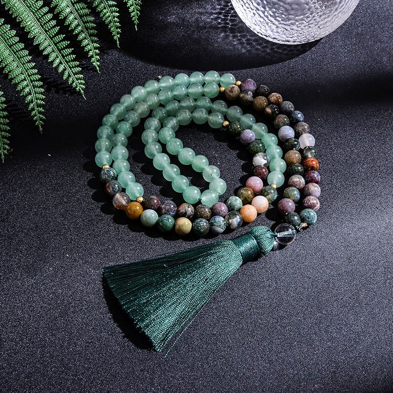 108 Natural Indian Agate & Green Aventurine Mala Beads Necklace