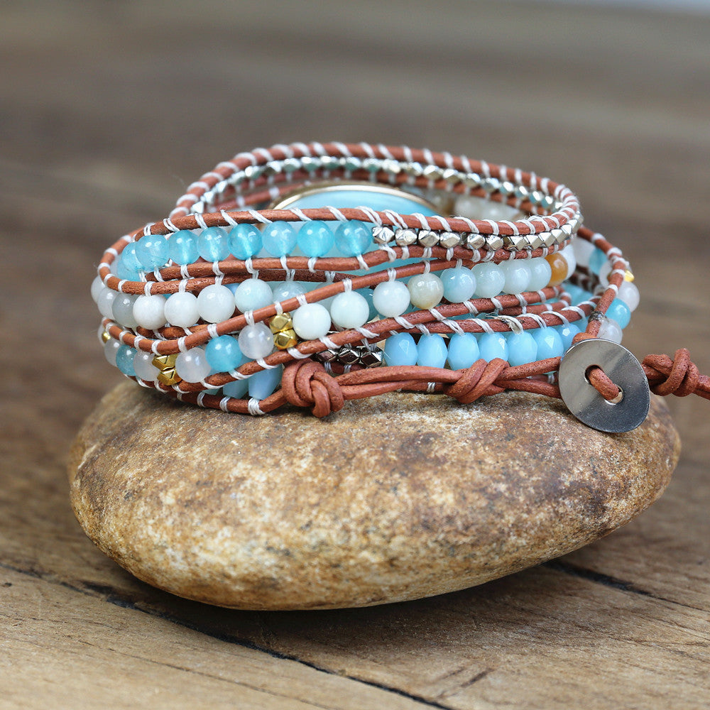Natural Quartz & Amazonite Leather Wrap Bracelet