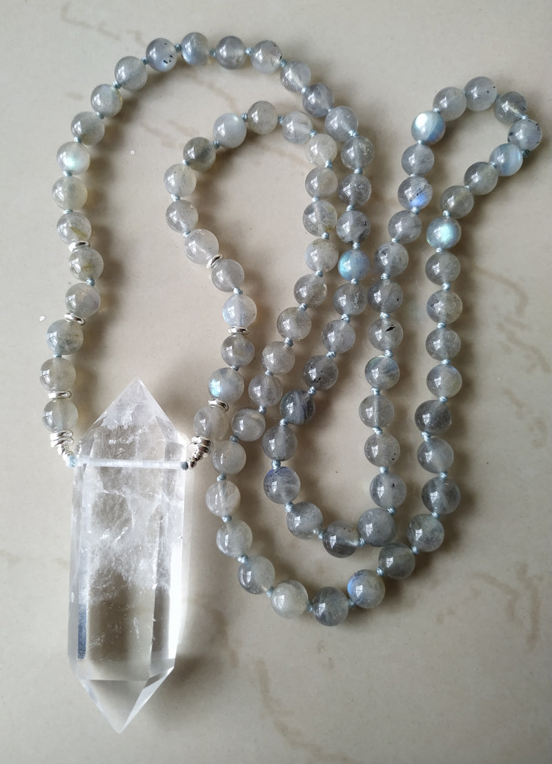 Natural Clear Quartz Double Point Pendant & Labradorite Stone Beads Necklace