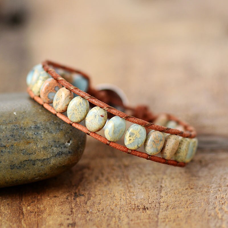 Natural Jasper Beads Leather Wrap Bracelet