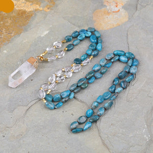 Natural Blue Apatite & Clear Crystal Nugget Beads Necklace