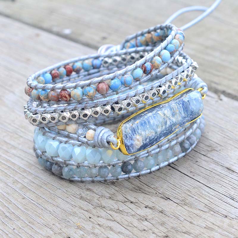 Raw Blue Topaz, Howlite & Light Blue Jasper Leather Wrap Bracelet