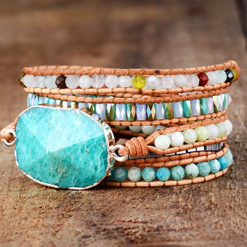 Natural Quartz, Hematite & Amazonite Leather Wrap Bracelet