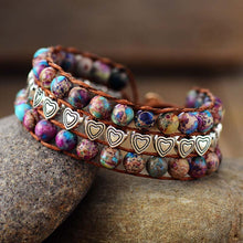 Load image into Gallery viewer, Natural Purple Jasper Stone Leather Wrap Bracelet with Hearts
