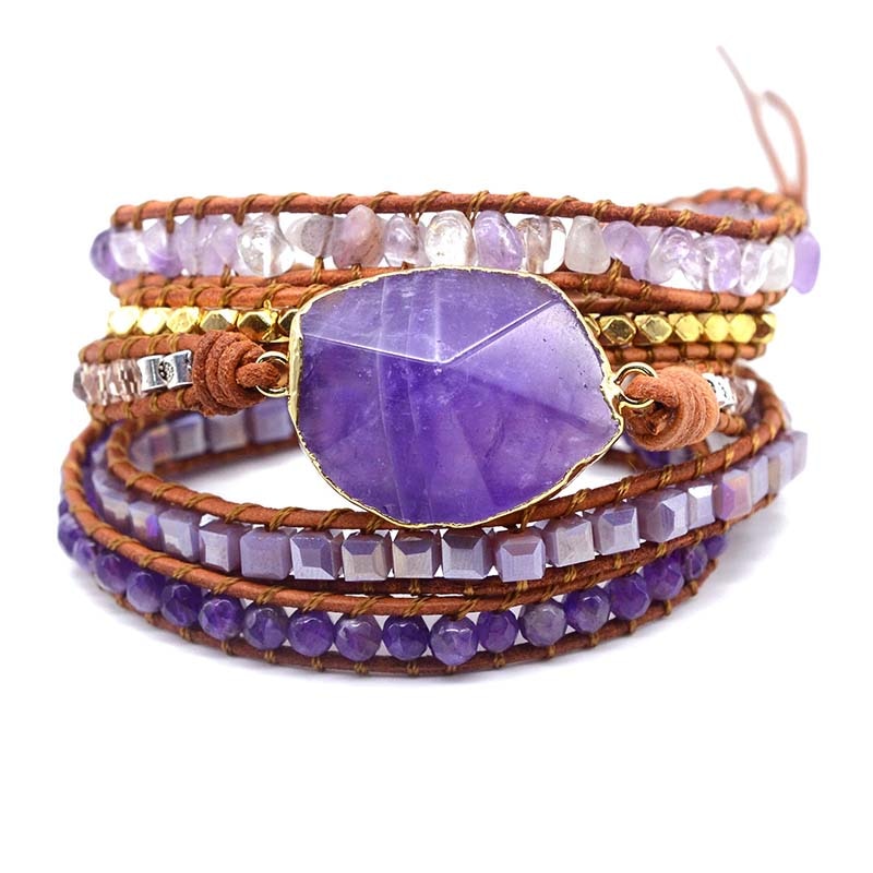 Natural Amethyst & Crystals Leather Wrap Bracelet