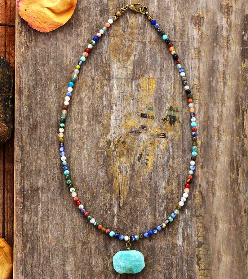 Natural Amazonite Pendant & Mixed Gemstones Choker Necklace