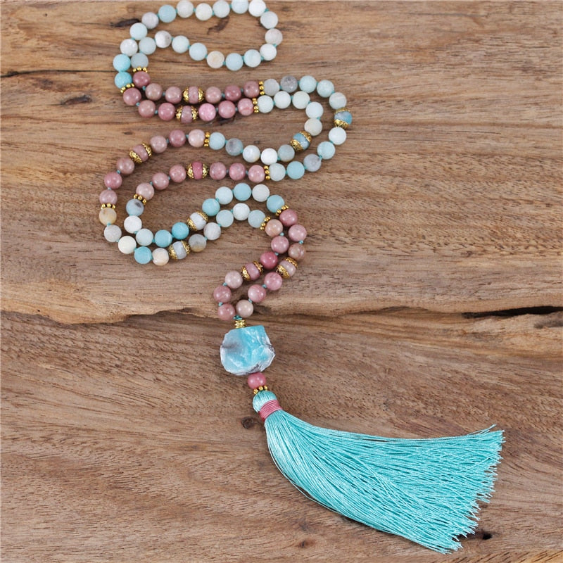 Natural Frosted Amazonite & Rhodonite 108 Beads Mala Necklace
