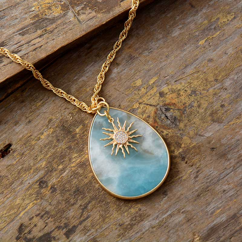 Natural Amazonite Teardrop Pendant & Golden Plated Necklace