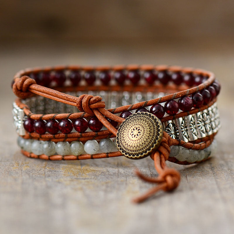 Natural Garnet & Labradorite Leather Wrap Bracelet