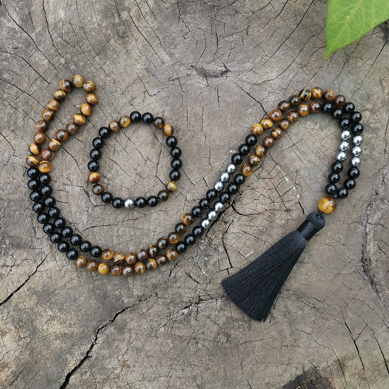 Natural Black Onyx,Tiger's Eye & Hematite 108 Mala Beads Necklace / Bracelet