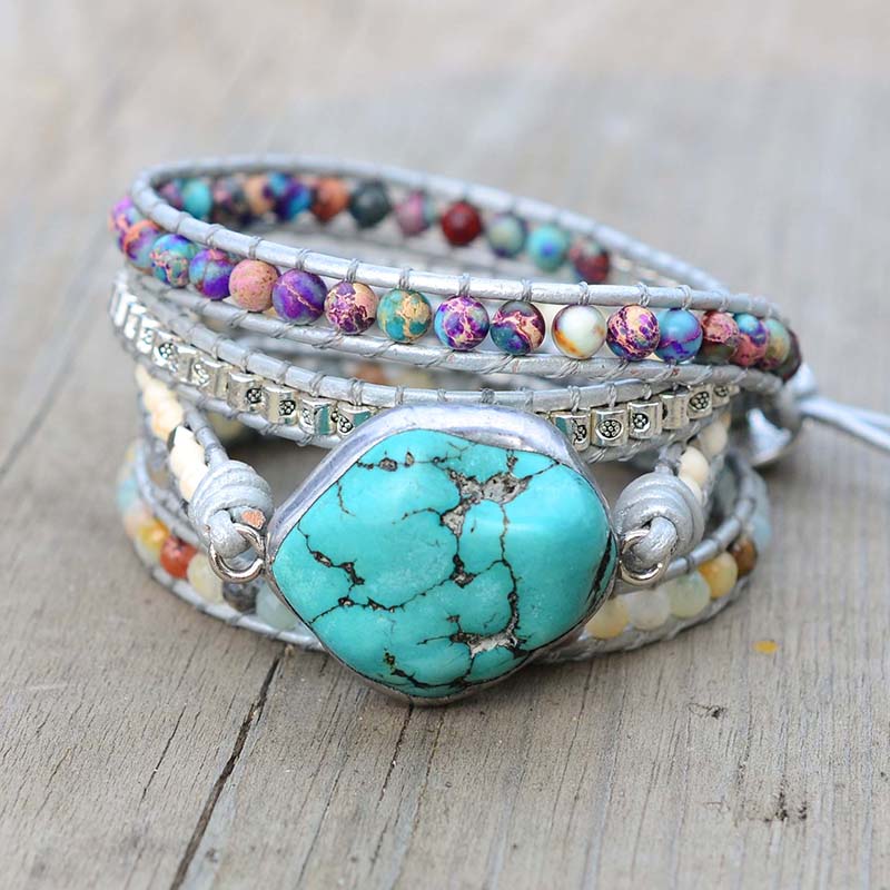 Natural Turquoise, Jasper & Amazonite Leather Wrap Bracelet