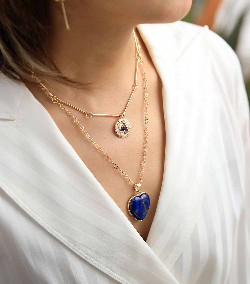 Natural Lapis Luzuli Heart Pendant Multi-Layered Choker Necklace