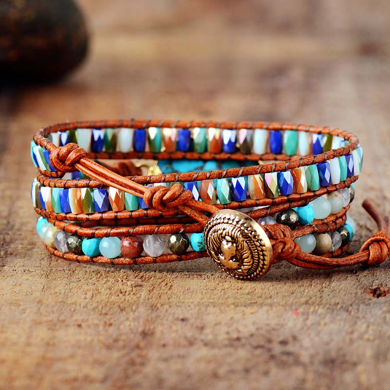 Natural Turquoise, Onyx & Crystals Leather Wrap Bracelet