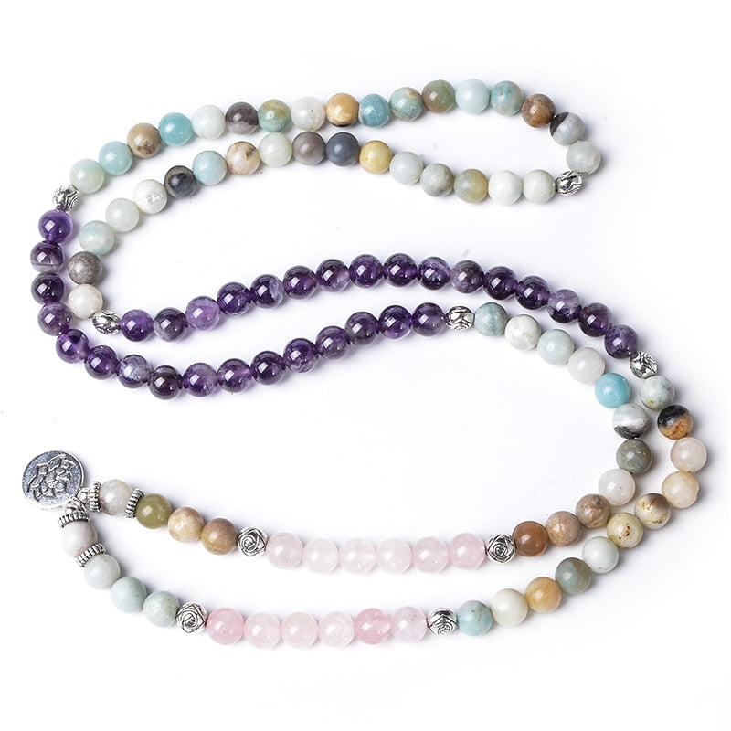Natural Amethyst, Rose Quartz & Amazonite 108 Mala Beads Necklace / Bracelet