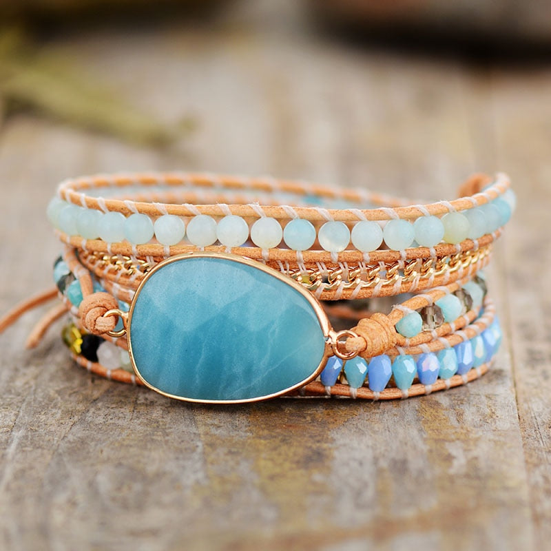 Natural Amazonite & Crystals Leather Wrap Bracelet