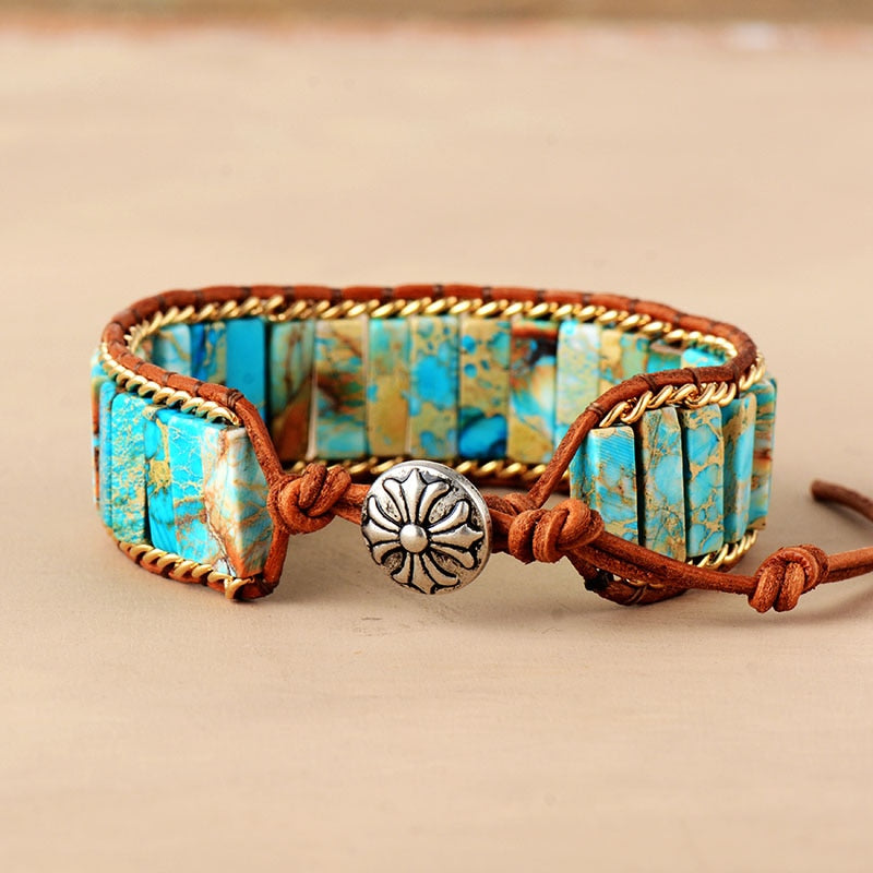 Natural Turquoise Jasper & Weaving Chain Leather Wrap Bracelet