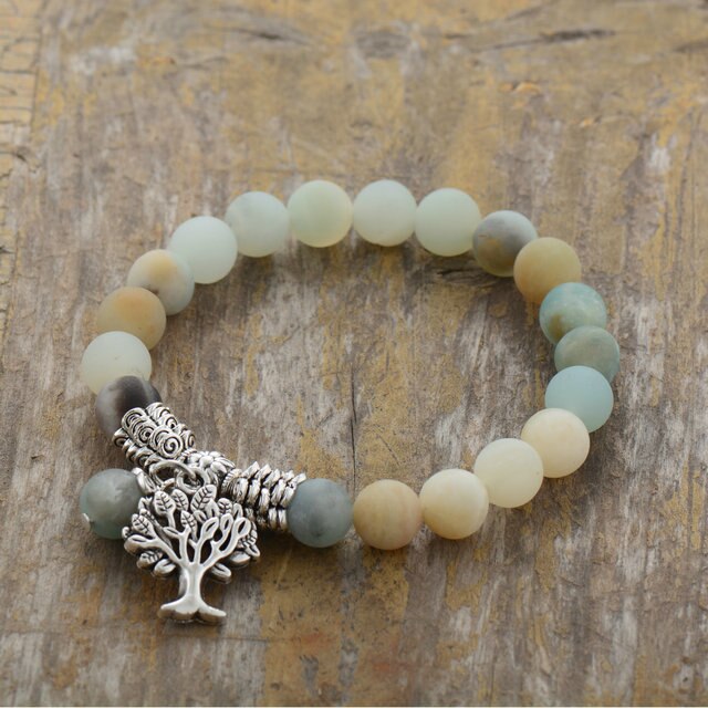 Natural Matte Amazonite Tree of Life Beaded Bracelet