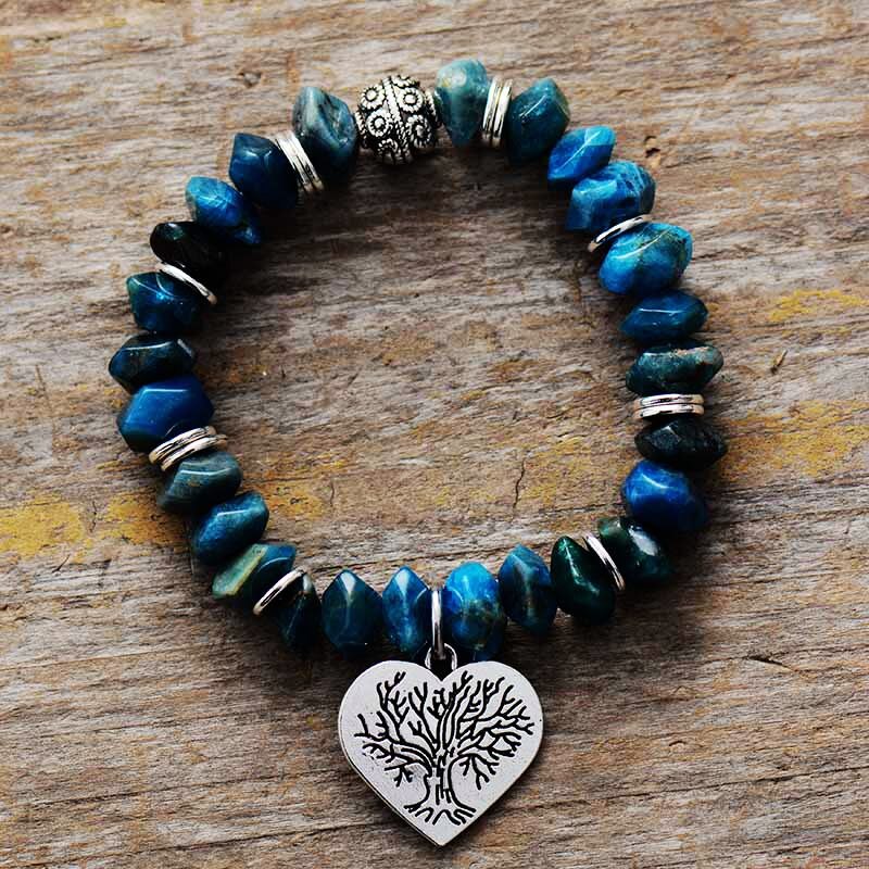 Natural Apatite Beads with Tree of Life Charm Bracelet