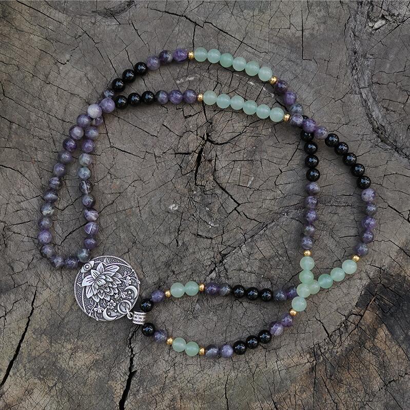 Natural Amethyst, Aventurine & Black Onyx 108 Beads Mala Necklace / Bracelet