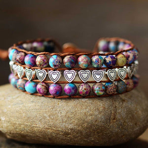 Natural Purple Jasper Stone Leather Wrap Bracelet with Hearts