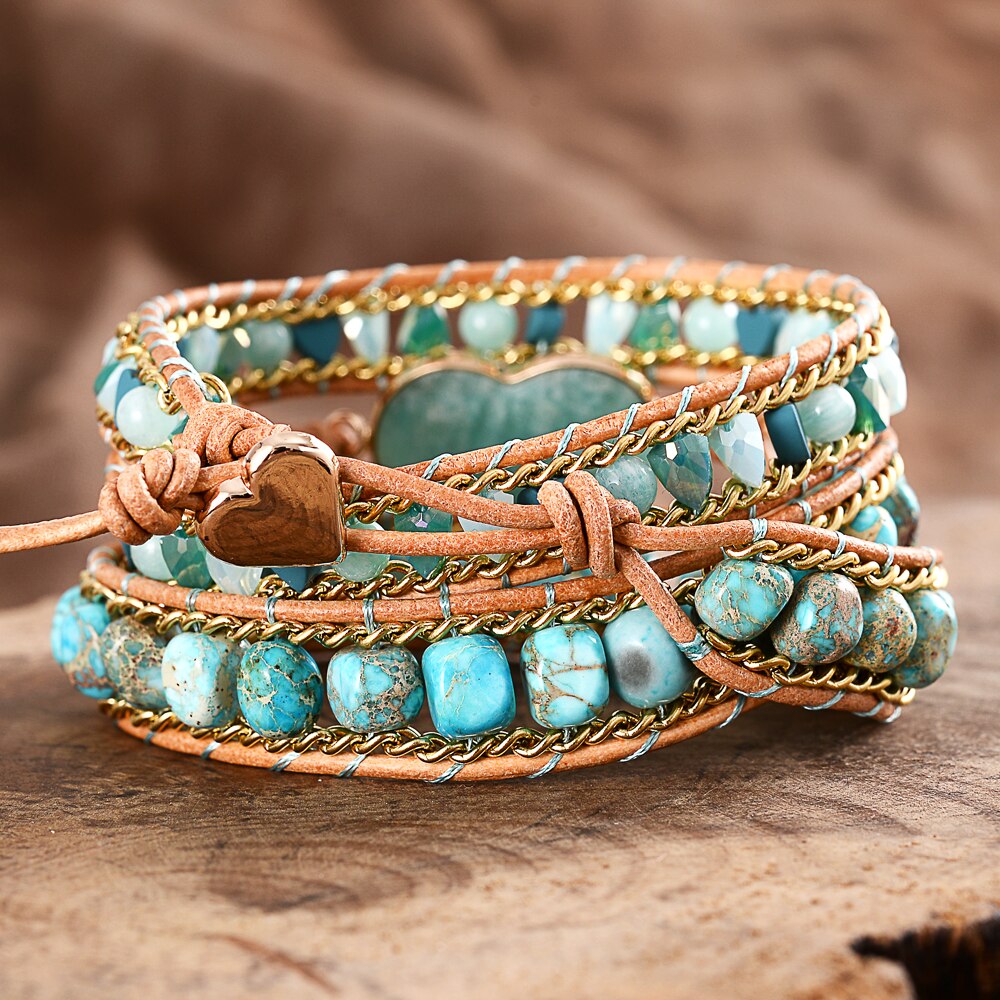 Natural Turquoise Jasper & Amazonite Heart Leather Wrap Bracelet