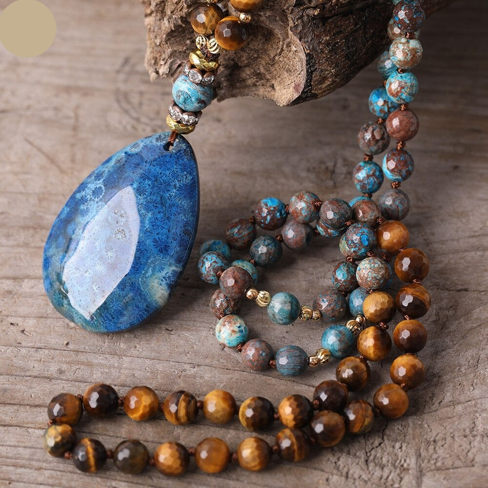 Natural Tiger Eye, Ocean Jasper Beaded Necklace with Fossil Flower Agate