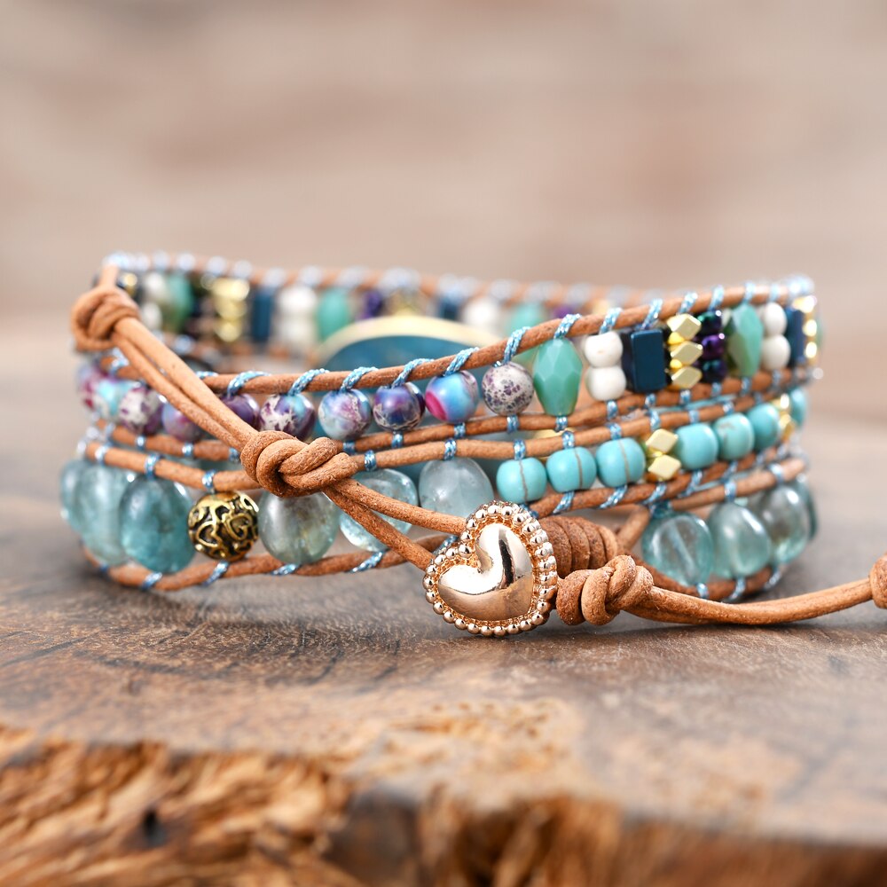 Natural Apatite Jasper, Turquoise & Hematite Leather Wrap Bracelet