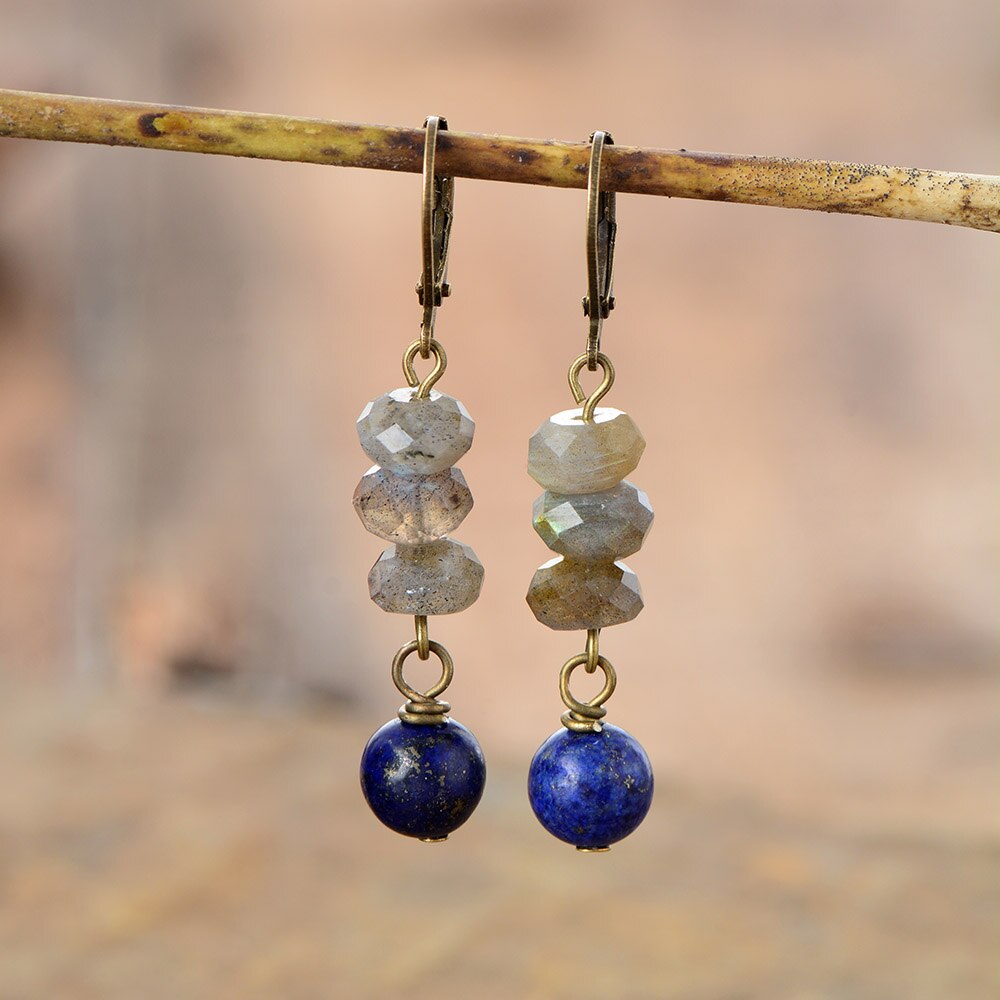 Natural Labradorite & Lapis Lazuli Dangle Earrings