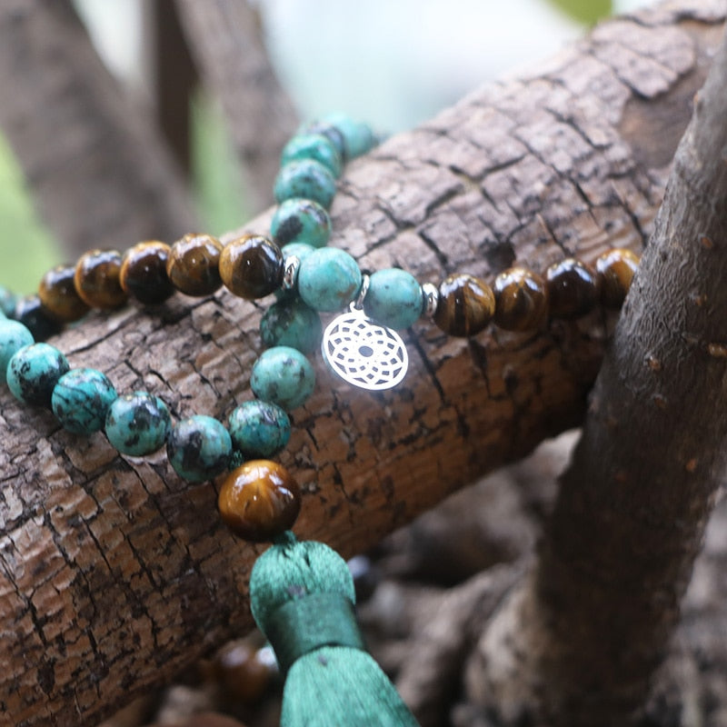 Natural African Turquoise, Bronzite & Tiger's Eye 108 Beads Mala Necklace