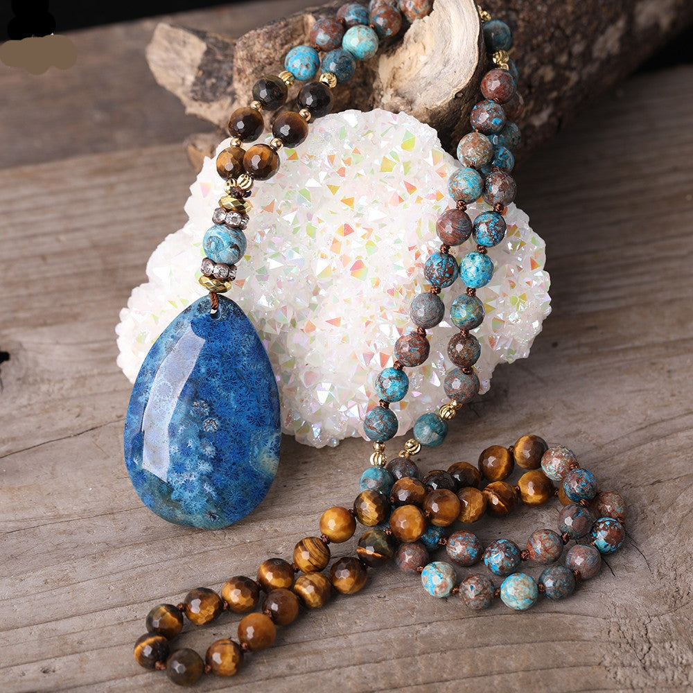 Natural Tiger Eye, Ocean Jasper Beaded Necklace with Fossil Flower Agate