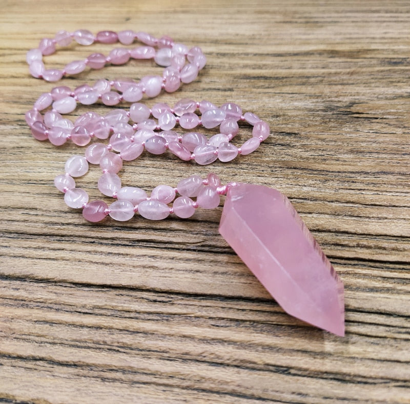 Natural Rose Quartz Prism Pendant Necklace