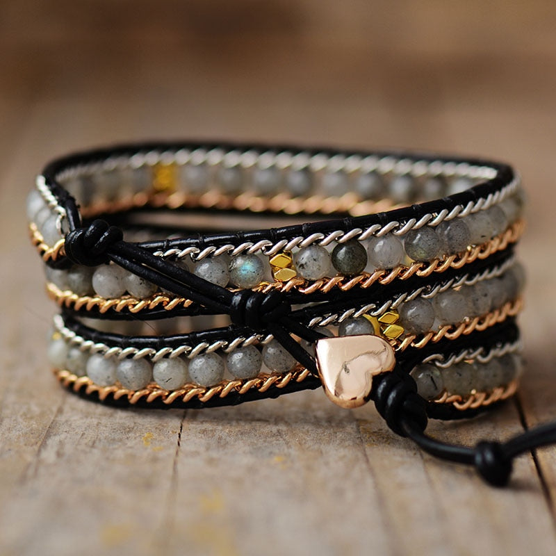 Natural Labradorite Beads Leather Wrap Bracelet