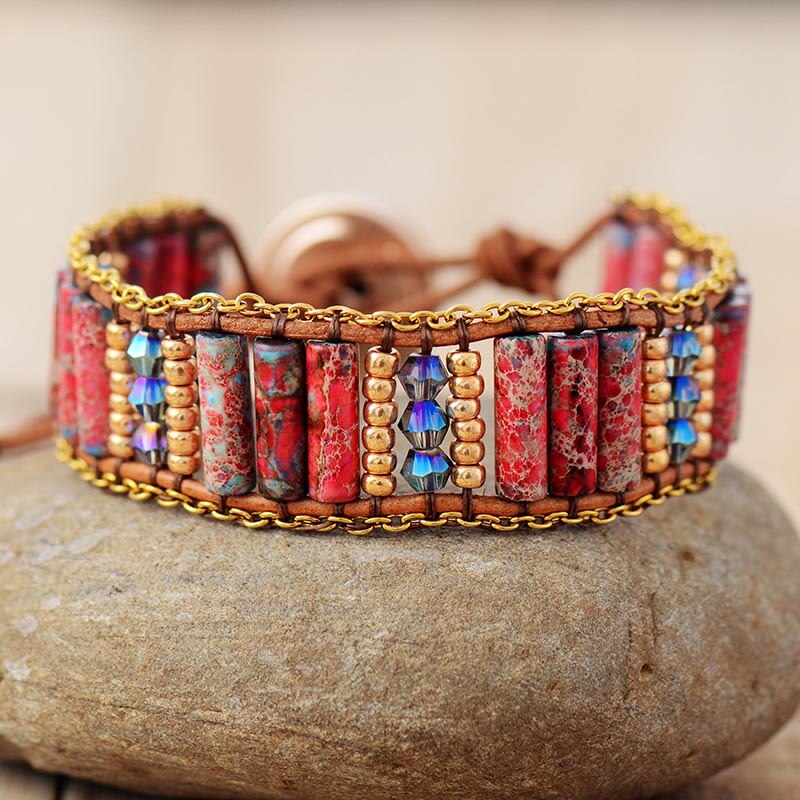 Natural Jasper & Weaving Chain Leather Wrap Bracelet