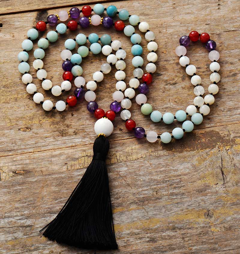 Natural Moonstone, Onyx, Amazonite & Amethyst 108 Beads Mala Necklace