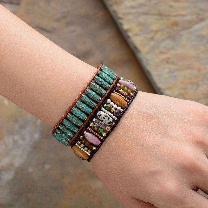 Natural Jasper, Rhodonite & Agate Leather Wrap Bracelet