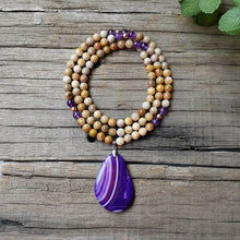 Load image into Gallery viewer, Rare 108 Natural Amethyst &amp; Coral Jade Mala Bead Necklace with Purple Agate Pendant
