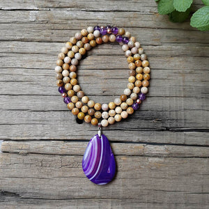 Rare 108 Natural Amethyst & Coral Jade Mala Bead Necklace with Purple Agate Pendant