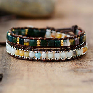 Natural Amazonite, Indian Agate & Onyx Leather Wrap Bracelet