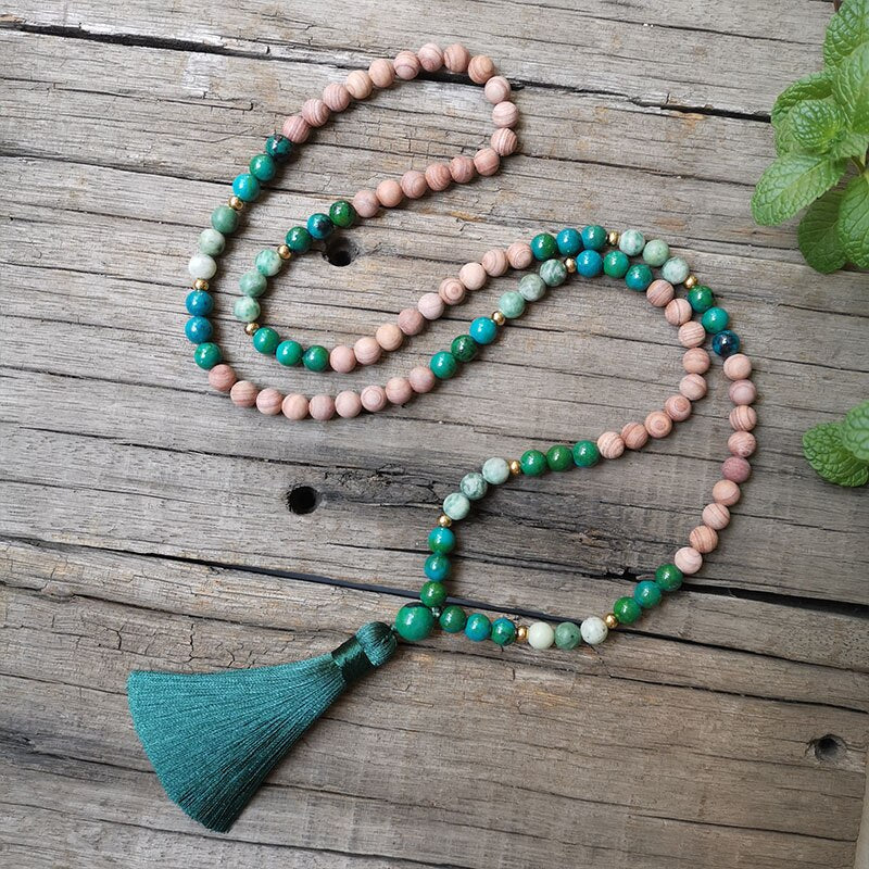 Rare Natural Sandstone, Chrysocolla & Jade 108 Beads Mala Necklace / Bracelet