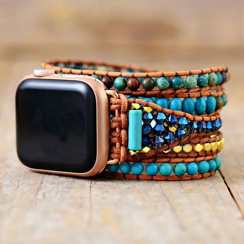 Natural Turquoise & Imperial Jasper Apple Leather Watch Band