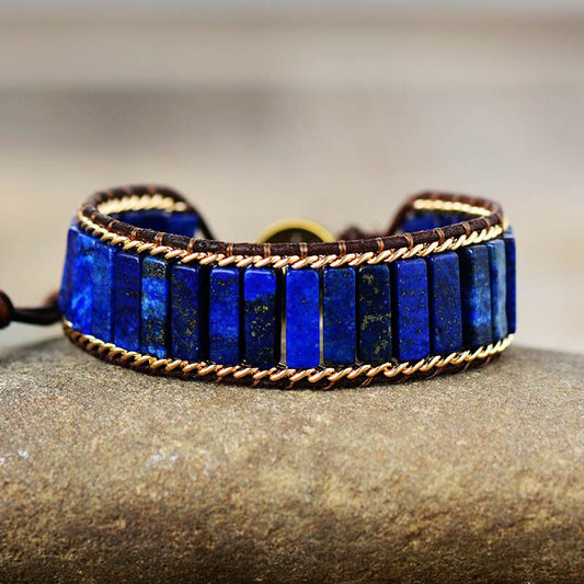 Natural Lapis Lazuli & Weaving Chain Leather Wrap Bracelet