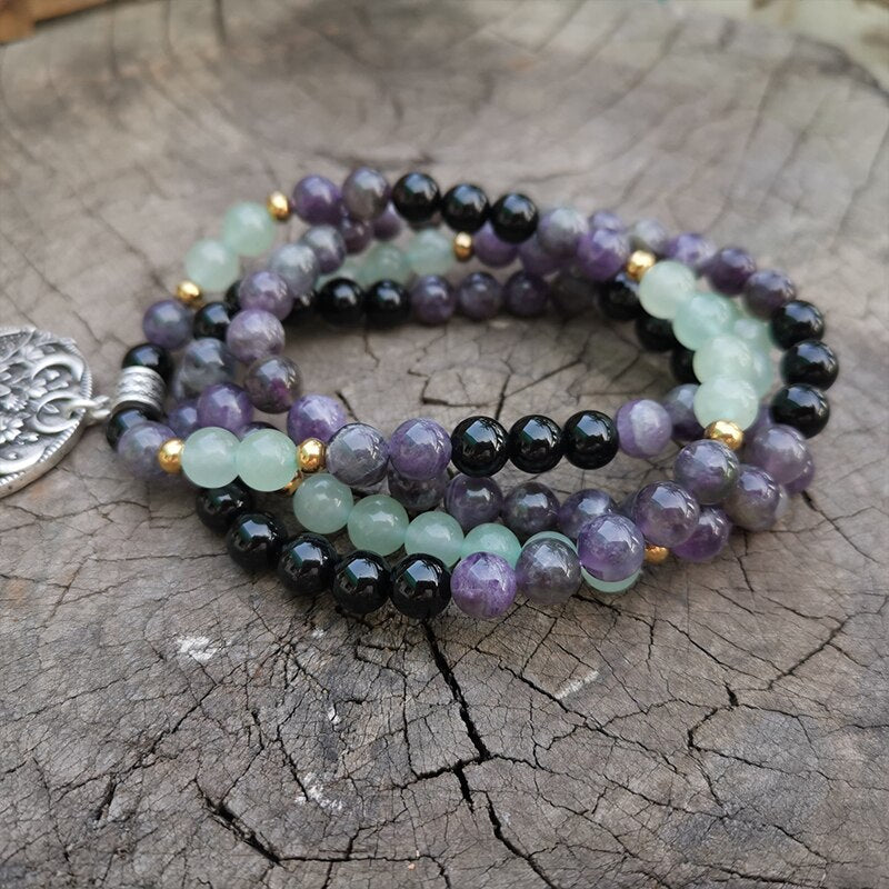 Natural Amethyst, Aventurine & Black Onyx 108 Beads Mala Necklace / Bracelet