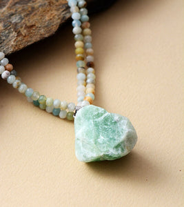Boho Natural Amazonite Seed Beads & Pendant Necklace