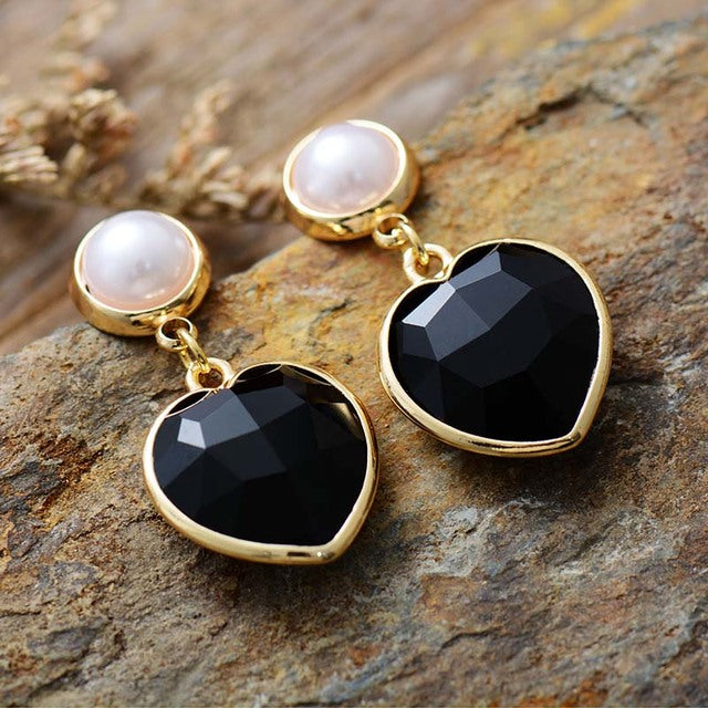 Natural Heart Shaped Black Onyx Stud Earring