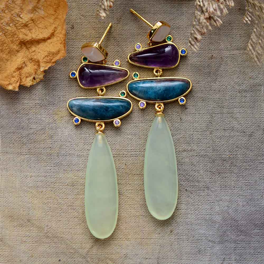 Natural Amethysts, Apatite & Jade Earrings